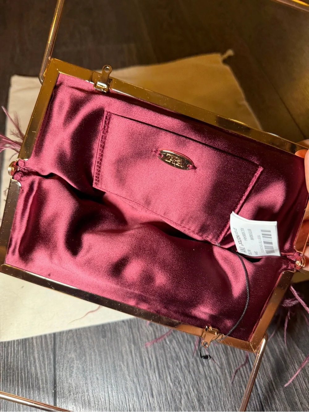 Zara Feather Fringe Evening Clutch in Plum with Gold Frame